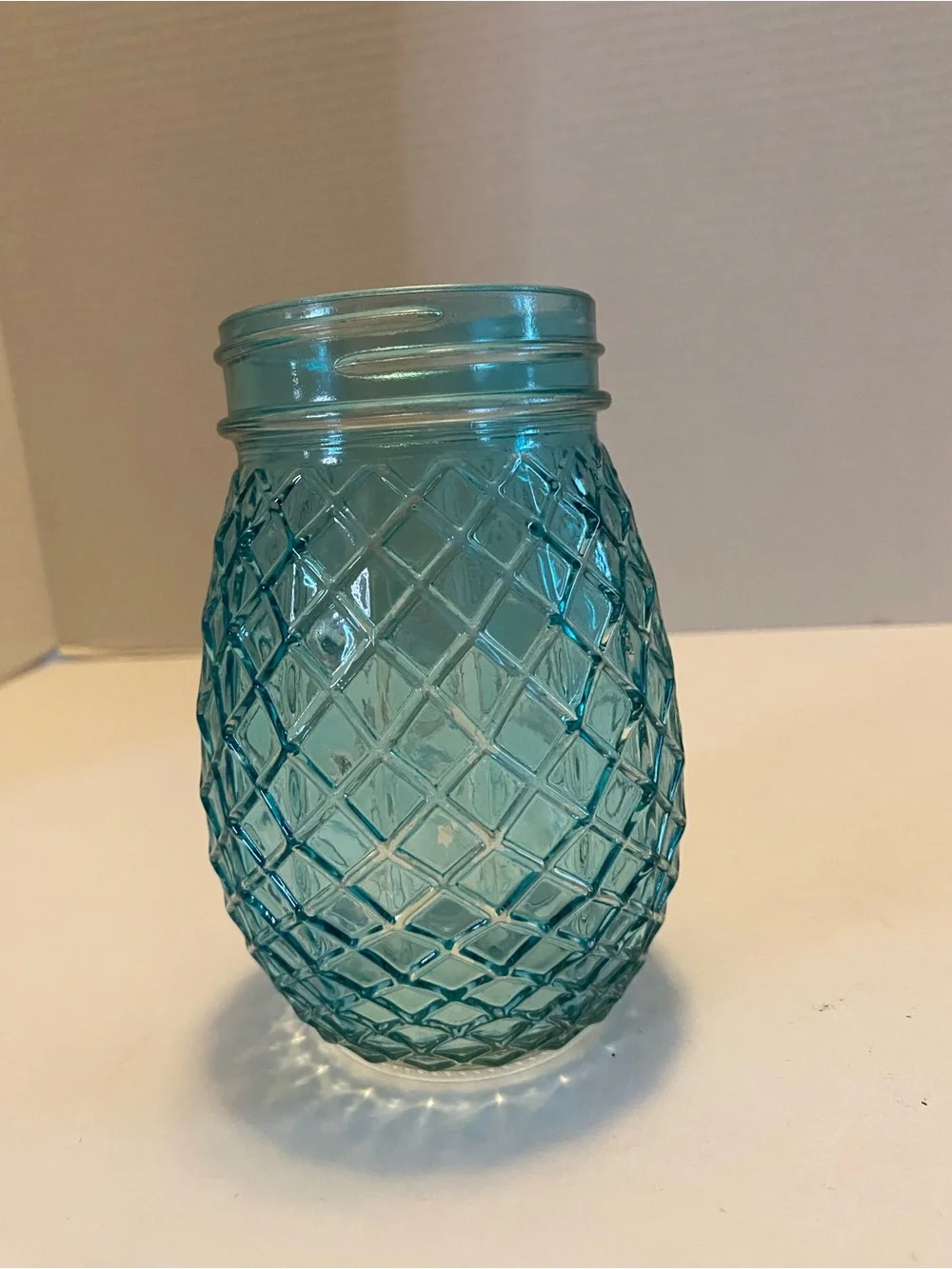 Vintage Style Blue Glass Flower  Jar with Grid Like A Pineapple No Lid